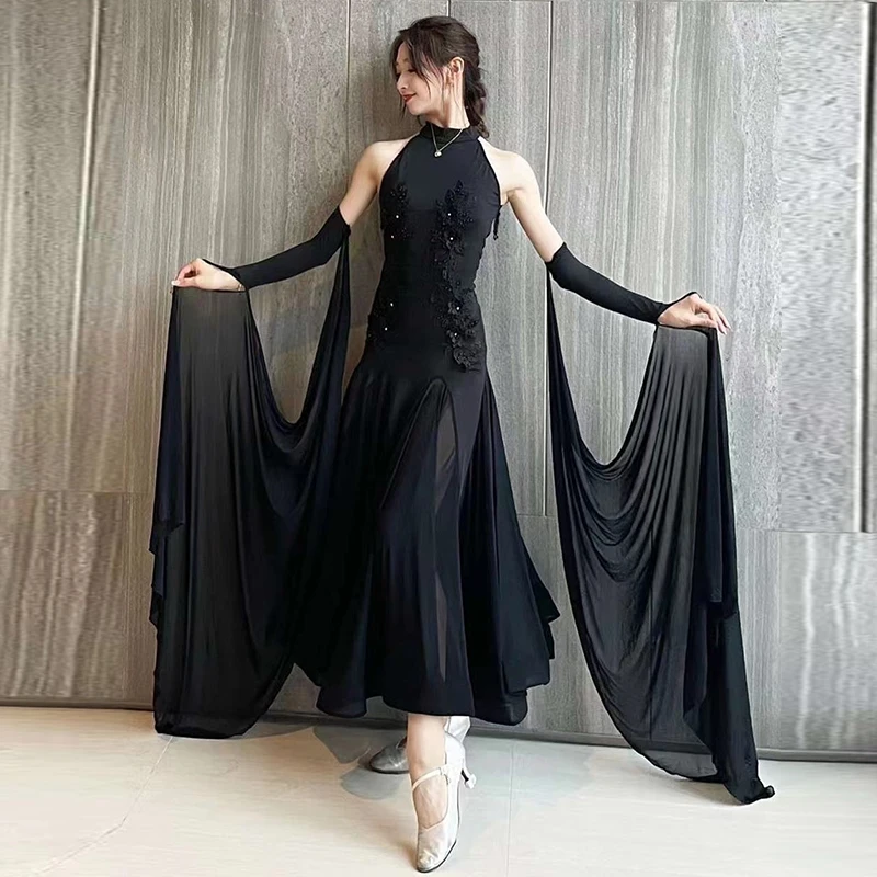 

2025 Adult Ballroom Dance Competition Costume Women's Black Dancing Dress Prom Waltz Cha Cha Team Practice Dresses VBH1150