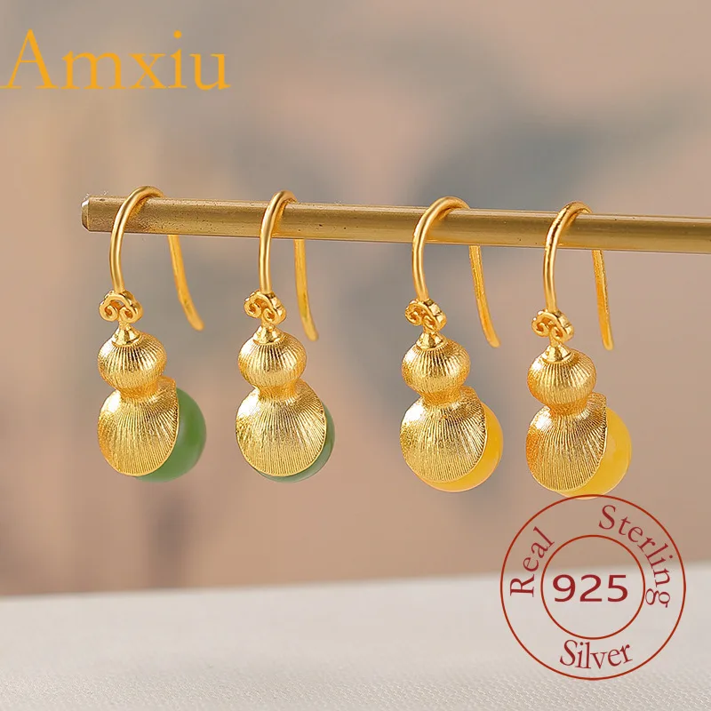 Amxiu Sterling Silver 925 Hetian Jade Jasper Amber Earrings New Chinese Style Ruyi Gourd Hooks Silver Earrings Jewelry