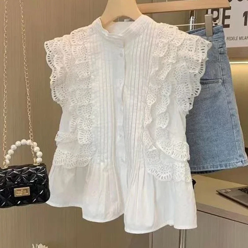 Women\'s Flying Sleeve Blouse, White Shirts, Vintage Sleeveless Ruffled Lace Tops, Elegant Casual Sweet Clothes, Summer, 27709