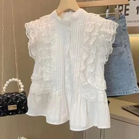 Blusa de manga voladora para mujer, camisas blancas, Tops Vintage sin mangas con volantes de encaje, ropa dulce informal elegante para verano 27709