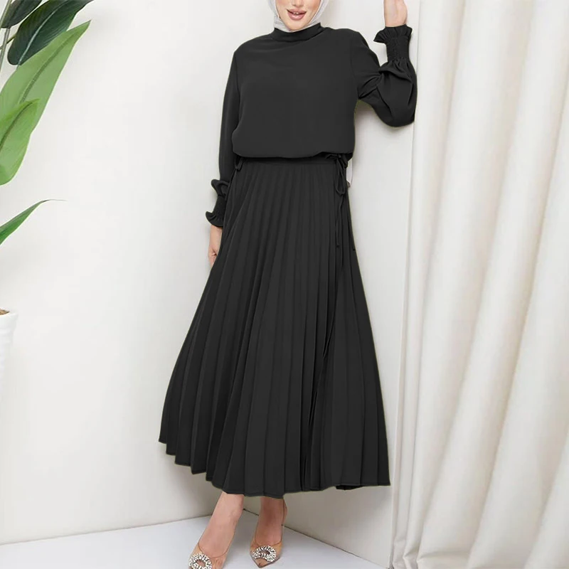 

ZANZEA Women Dress Sets Fashion Muslim Sets Summer Spring Long Sleeve Tops Pleated Long Skirts Solid 2PCS Two-piece Outfits