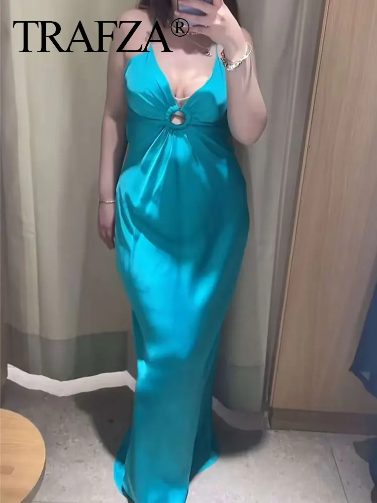 TRAFZA 2024 Women Summer Blue Satin Dress Sleeveless Backless Hollow Out Slim Long Dresses Woman Chic Sexy Party Female Dress