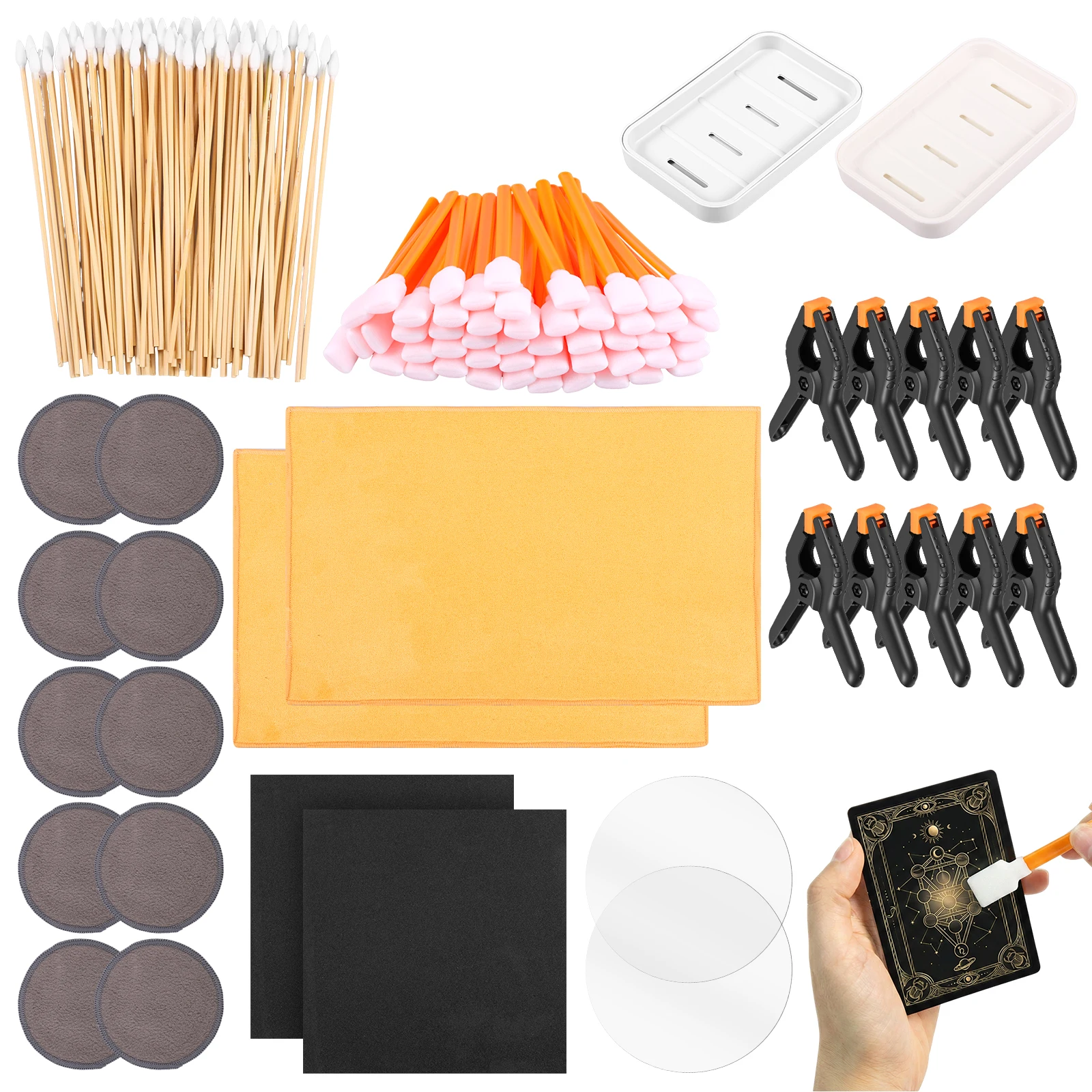 

Card Cleaning Care Tool Card Flattening Polish Cleaning Set With Acrylic Round Disc Plastic Clamp Shammy Towel and MoreAccessory
