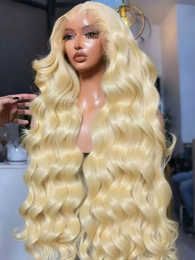 250%密度 613 #   ブロンドロングボディウェーブレースフロントウィッグ 13x6 HD透明レースウィッグ ベビーヘア付き 女性用 プリプラッキング済み