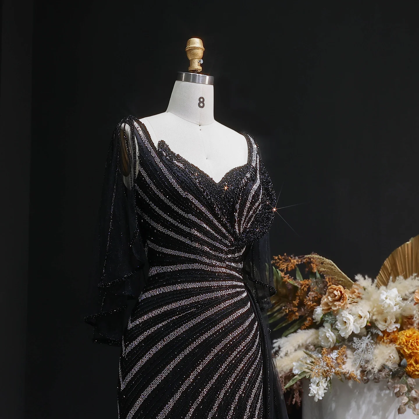 Sharon Said Luxuriöses Schwarzes Abendkleid, Lang, Perlenbesetzt, V-Ausschnitt, Cape-Ärmel, Elegante Ballkleider, Hochzeitsfeier, Damen, SS063, Maßanfertigung – Detail 7