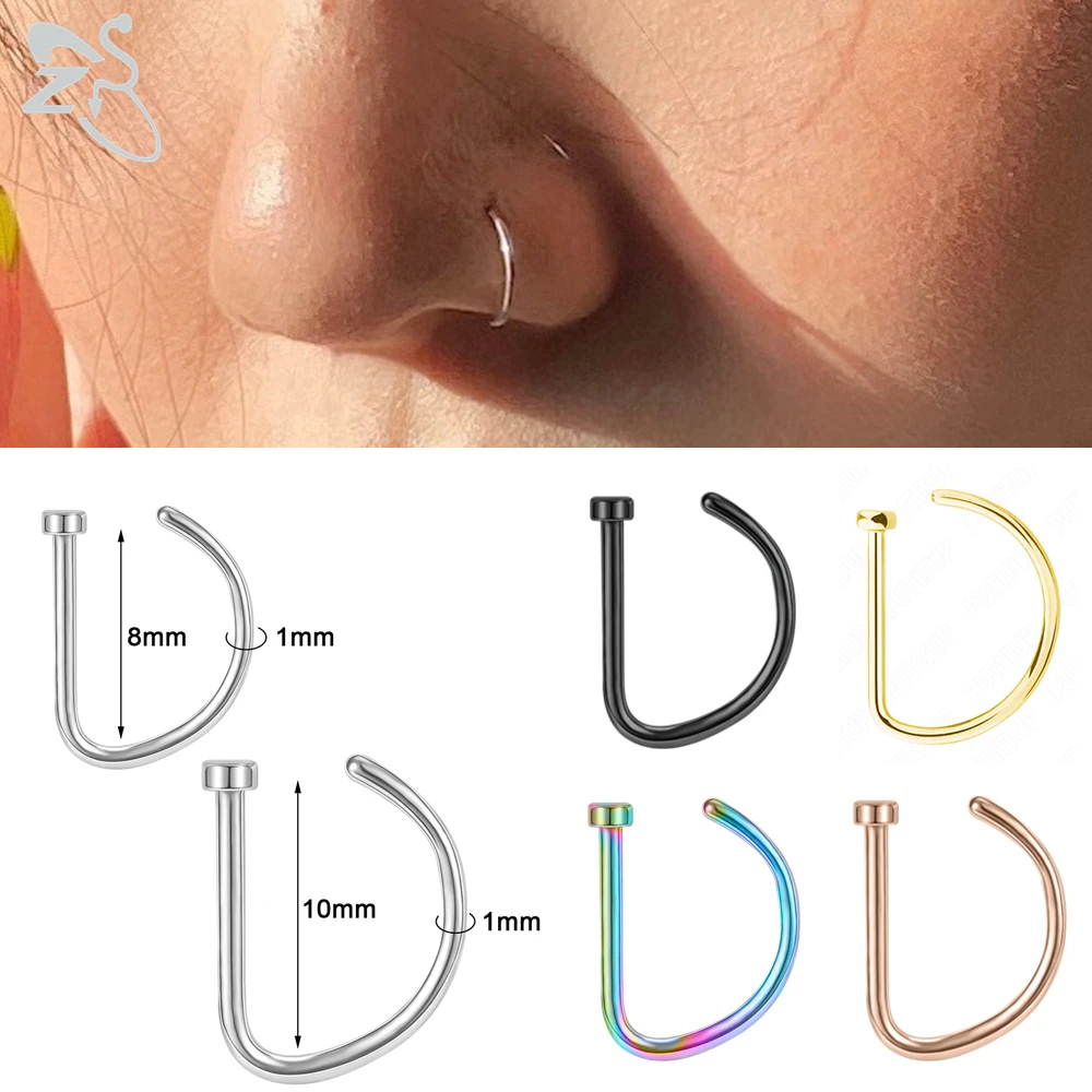 ZS 1 Piece Curved Barbells Fake Nose Ring 18G D Shaped Stainless Steel Nose Piercing 8/10MM Helix Tragus Piercing Body Jewelry