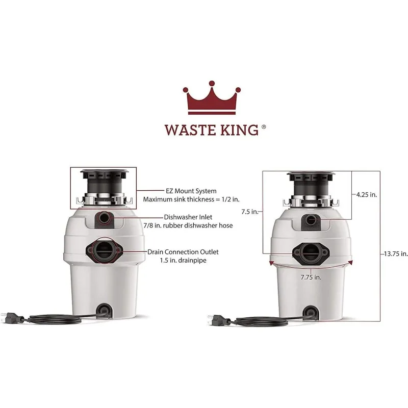 Waste King 3/4 HP Garbage Disposal with Power Cord, Food Waste Disposer for Kitchen Sink, L-3200
