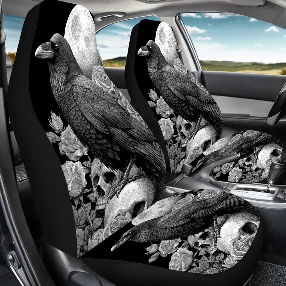 Set Of 2 Moonlit Raven Skull Print Car Covers Suitable For All, Designed To Fit Front Seats Of Cars, Suvs, And Sedans. Improve Y