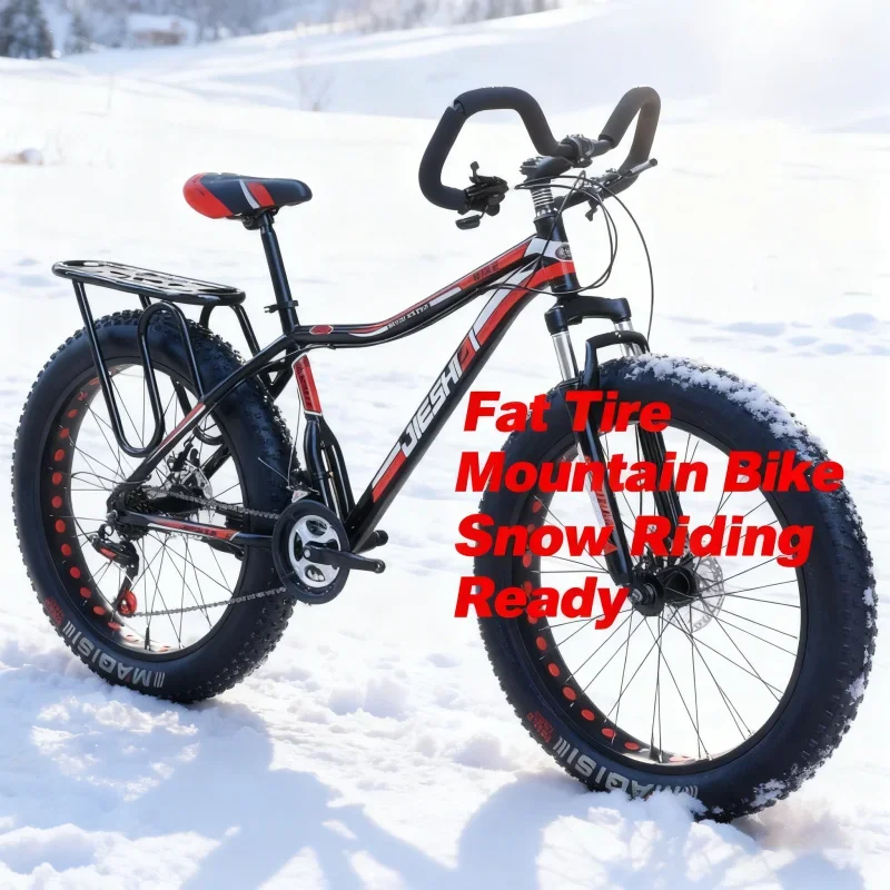 Bici grassa per pneumatici grandi con manico a farfalla cavo nero e rosso per uomo adulto - Bicicletta a velocità variabile fuoristrada spessa e larga per montagna da neve