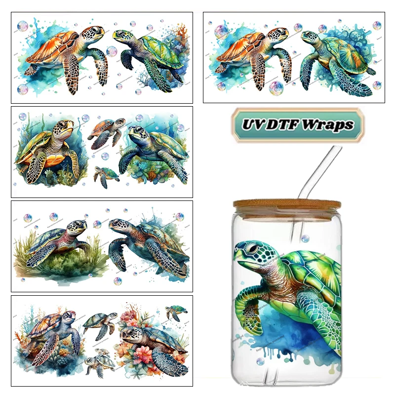 Watercolor Sea Turtle Ocean UV DTF Cup Wrap Waterproof Cold Transfer Sticker for 16oz Libbey Glass Can DIY Beach Home Decor
