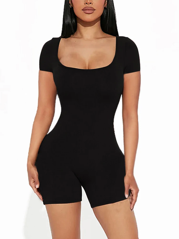 

2025 Summer New Women's Sexy Solid Color Short Sleeve U Neck Jumpsuit Short Jumpsuit Yoga Fitness One Piece Polyester