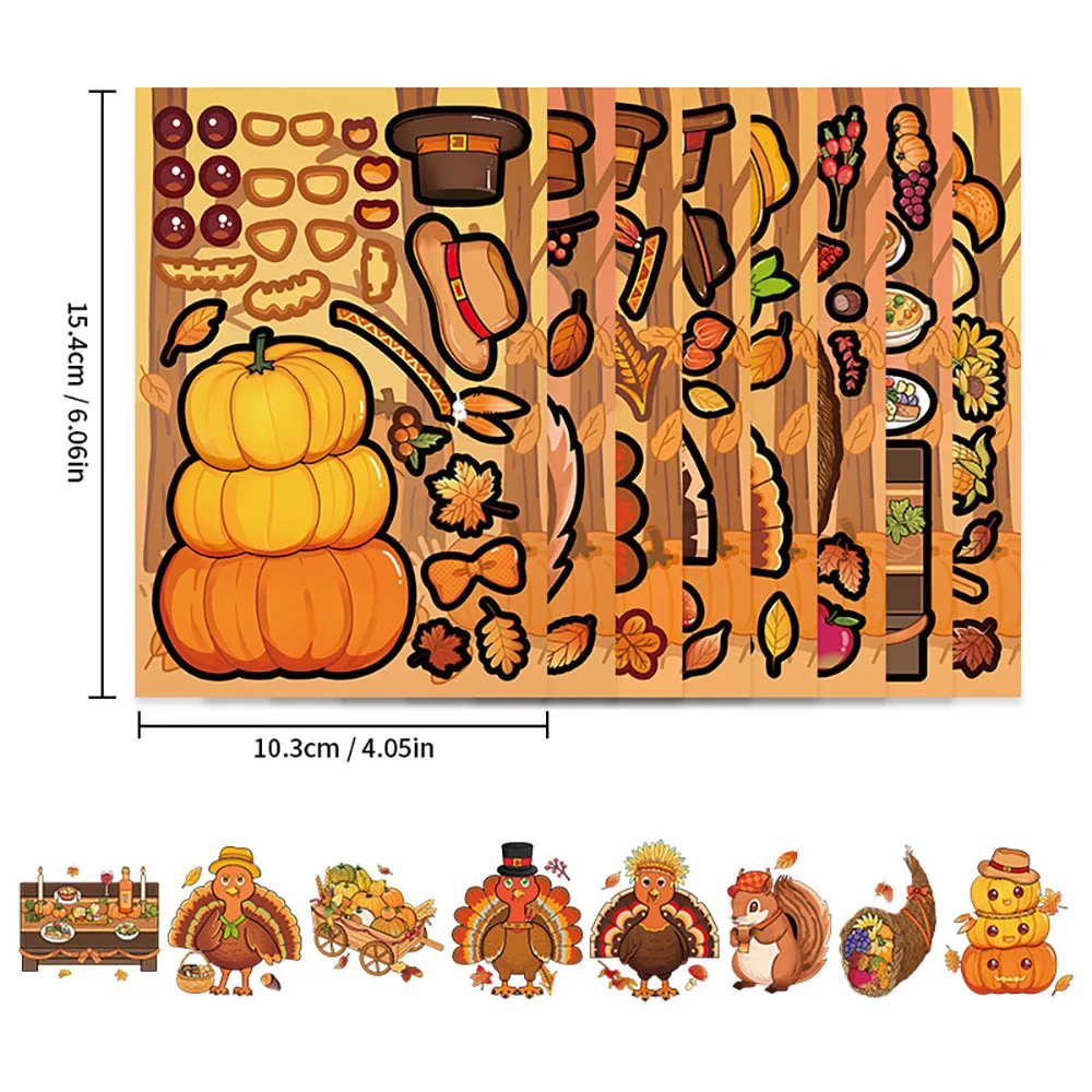 8/16 hojas de pegatinas de rompecabezas DIY de Acción de Gracias, decoración creativa de dibujos animados, funda para teléfono móvil, cuaderno, taza de agua, regalos impermeables