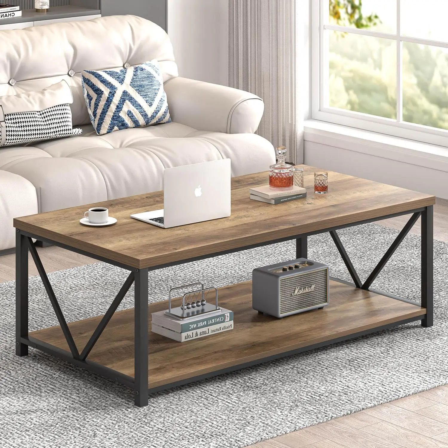 Modern Coffee Table, Living Room Center Tables with Storage, Wood and Metal Cocktail Table, Rustic Oak, 47 Inch Café Tables