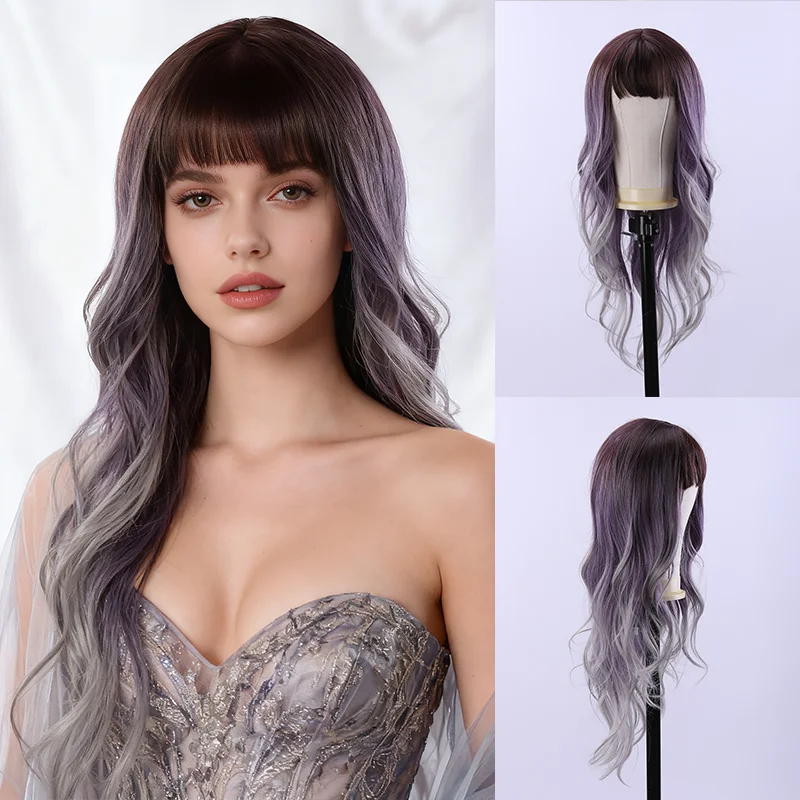 

Gradient Purple Grey Wave Curled Long Curled Hair Synthetic Wig Women Middle Split,Hairband Wig,Natural Curling,Stylish Wig