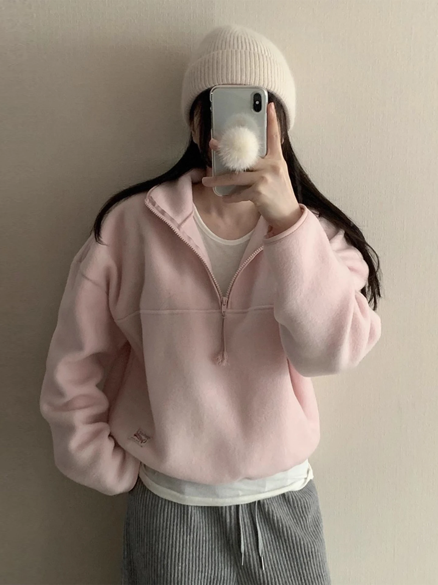 

Мягкий розовый свитшот Fce Jaet, женский свободный универсальный топ на шнурке, осень-зима, новинка, корейская версия, высокий воротник...