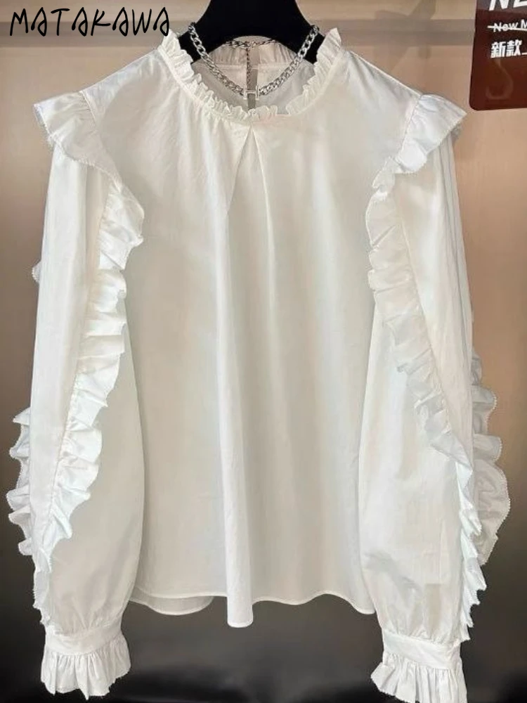 

Matakawa Sweet Ruffles Blouses Solid Spring Autumn Korean Fashion Chic Women Shirts Elegant Vintage Loose Blusas Feminina