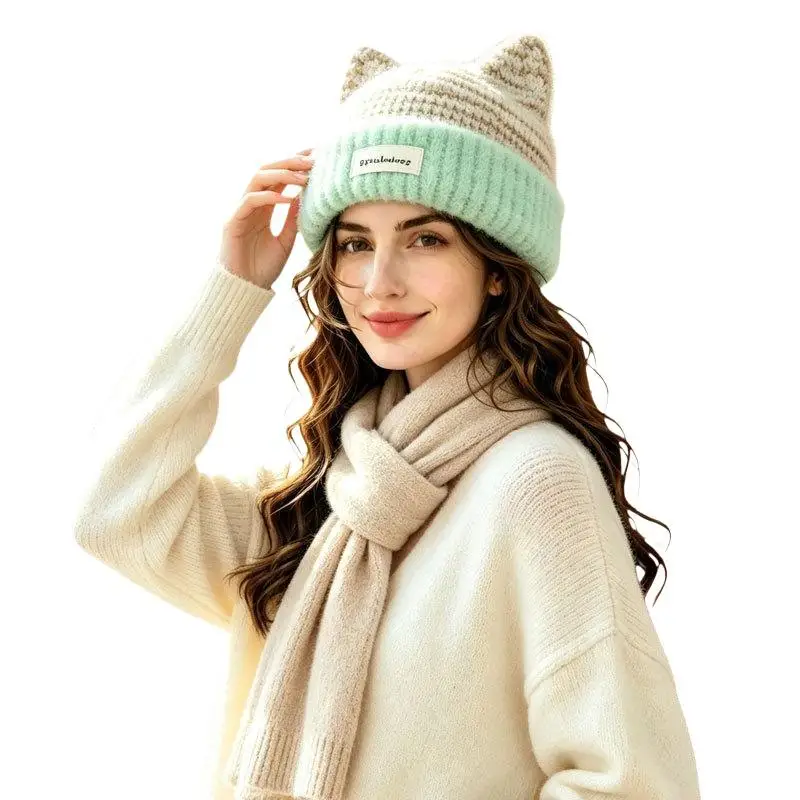 New Plush Lined Fuzzy Knit Cat Ear Beanie Thermal Warm Winter Hat for Women Hiking Camping Casual Street Wear