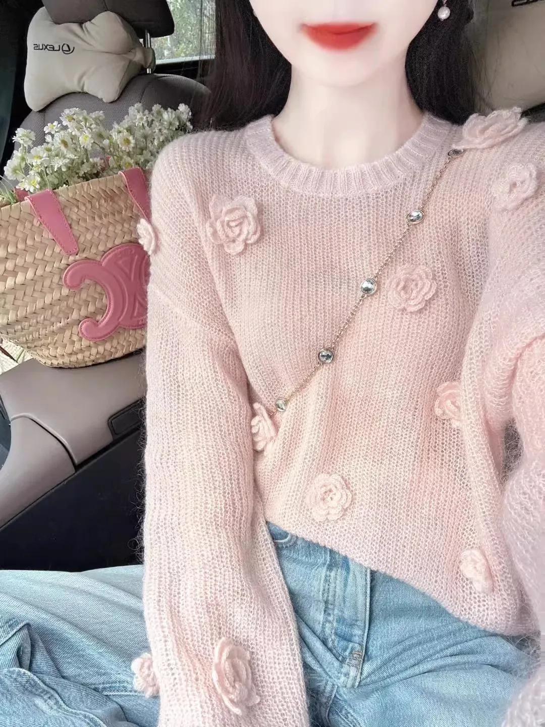 

Korean Style Fashion Versatile O-Neck Long Sleeve Knitted Sweater For Women Loose Solid Color 3D Flower Top Spring Autumn New