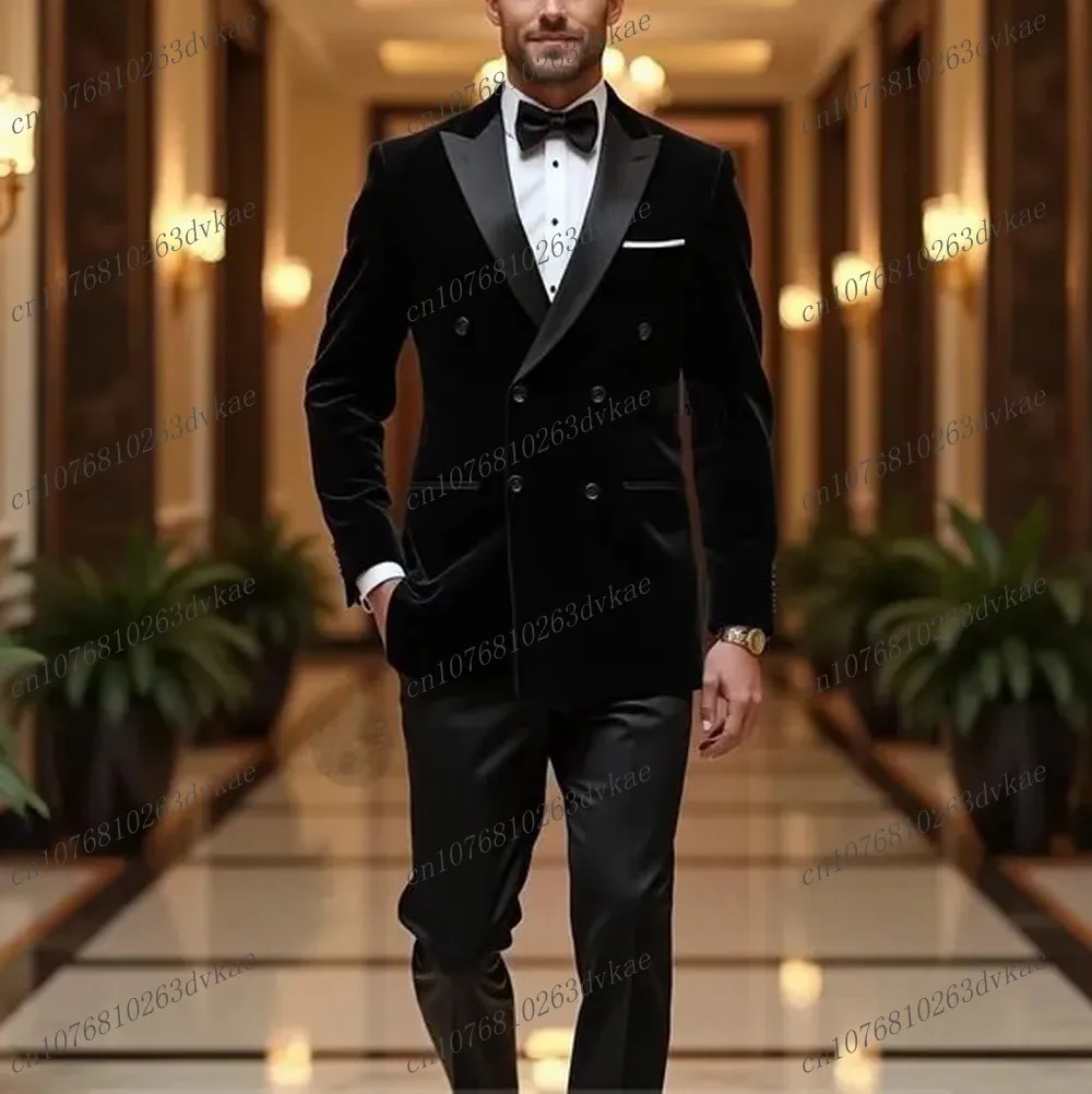 

Black Velvet Blazer Men Suit Groom Groomsman Wedding Party Prom Tuxedos Formal Business Male Costume 2 Piece Set Jacket Pants