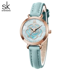 Shengke Zomer Horloge Voor Vrouwen Kleurrijke Blauw Horloge Vrouwen Exquisite Dial Ontwerp Slanke Band Waterdicht Quartz Vrouwen Horloges