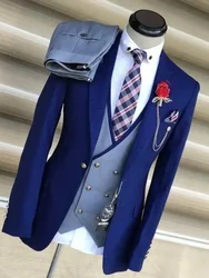 Trajes de negocios para hombre, boda, novio, solapa de muesca, chaleco con doble botonadura, vestido para hombre, traje para fiesta de graduación, ropa para hombre, 3 uds.