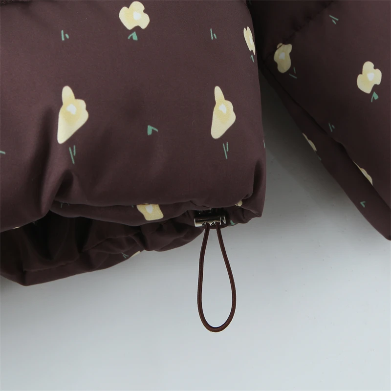 Piumino floreale marrone casual da donna - Stampa floreale beige, giacca trapuntata con cappuccio staccabile, capispalla invernale caldo