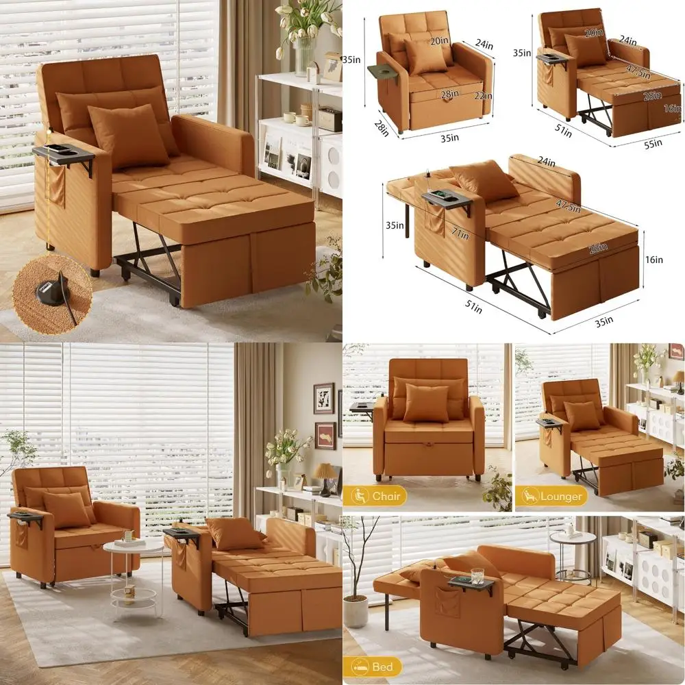 Convertible Sofa Chair Bed with Wing Table, USB Ports, and Two Pillows - 3-in-1 Couch for Futon Sleeper Living Space