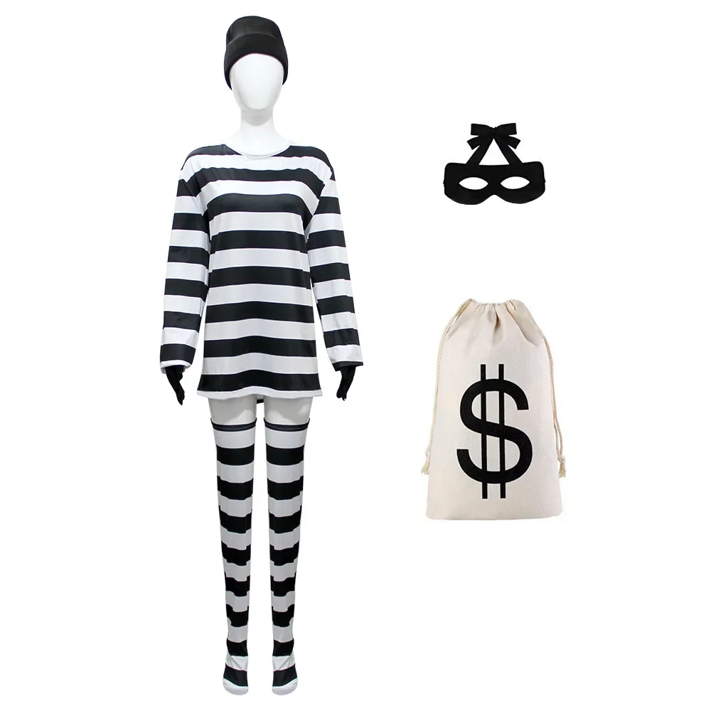 Women Thief Convict Cosplay Costume Adult Women Stripe Top Stocking Hat Suit Halloween Prisoner Carnival Party Outfit