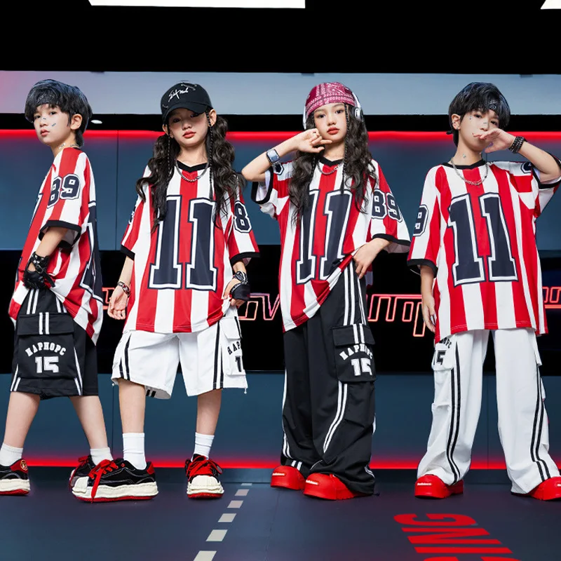 Street Dance Kinder Tanzkostüm Junge Hübsches Schlagzeug Rot Gestreiftes T-Shirt Hosenanzug Mädchen Jazz Dance Performance Set