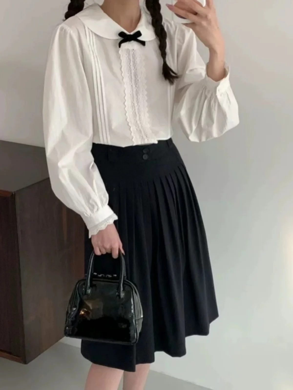 

Korean Sle Doll Collar irt Women's Faion Sweet School Sle Age Reduction Top Lace Trim Versatile irt Knot