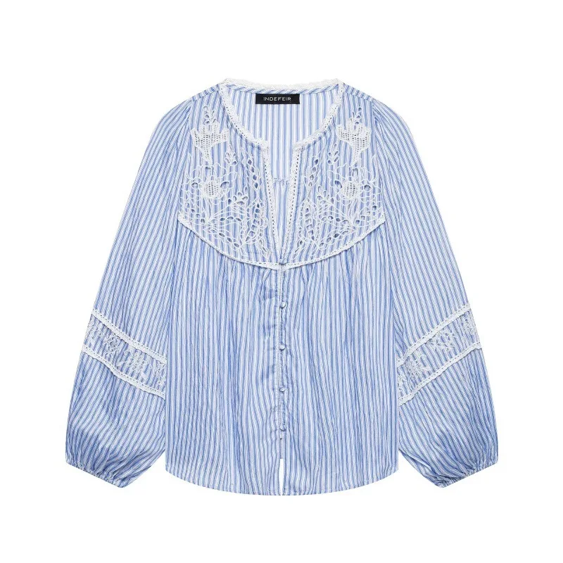 

Withered Women's 2026 Summer New Product Casual Long Sleeve Round Neck Hollow Embroidery Striped Shirt