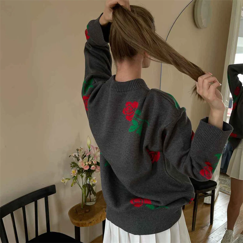 European American Early Spring Round Neck Rose Print Sweater 2025 New Women's Versatile Loose Color Casual Pullover Sweatshirt