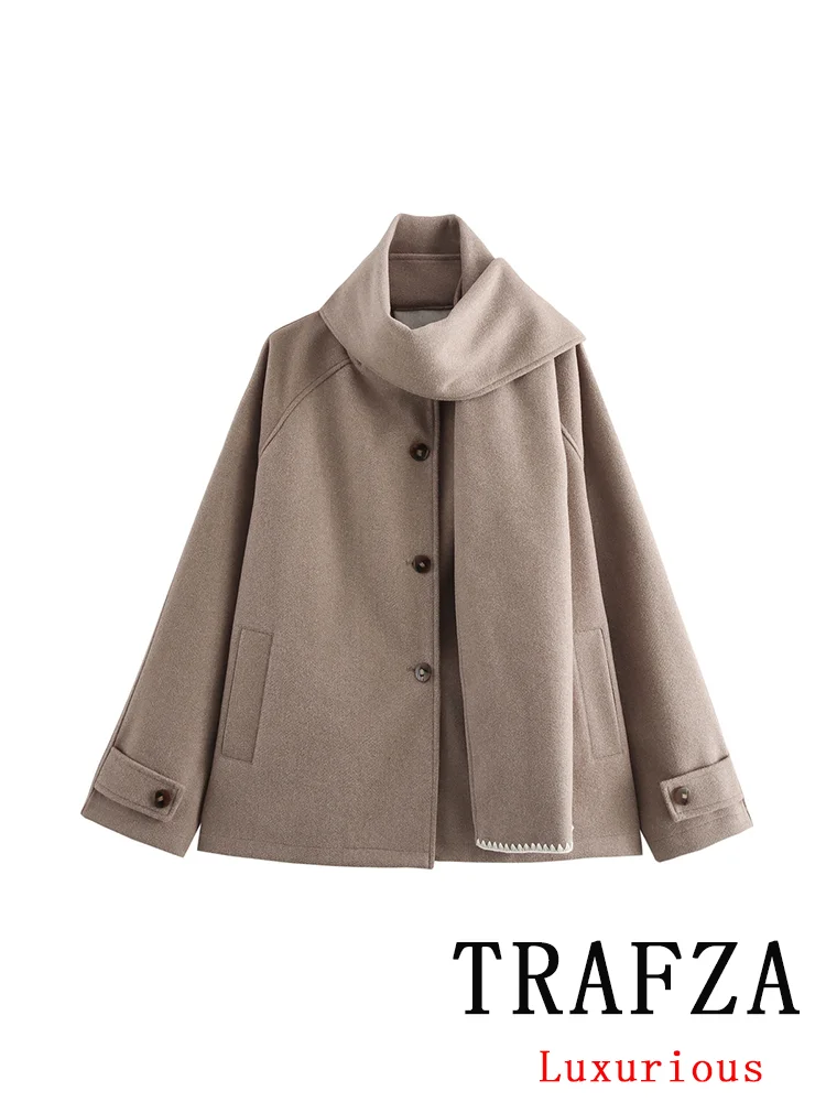 TRAFZA Vintage Chic Solid Thick Women Coat Single Breasted Scarf Warm Coats New Fashion 2024 Autumn Winter Female Outwears