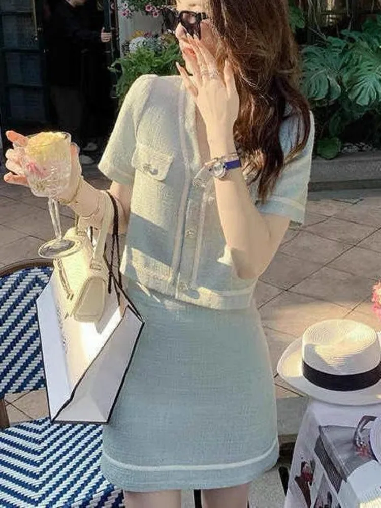 French Vintage Small Fragrance Two Piece Set Women Short Jacket Coat + Mini Skirt Sets Korean Fashion Summer 2 Piece Outfit