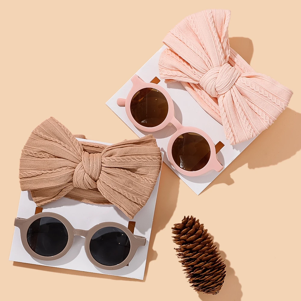 2Pcs/Set Puff Bow Baby Headband Sunglasses Matte Flower Circular Sun Glasses Eye Wear Elastic Nylon Hair Bands Seaside Headdress