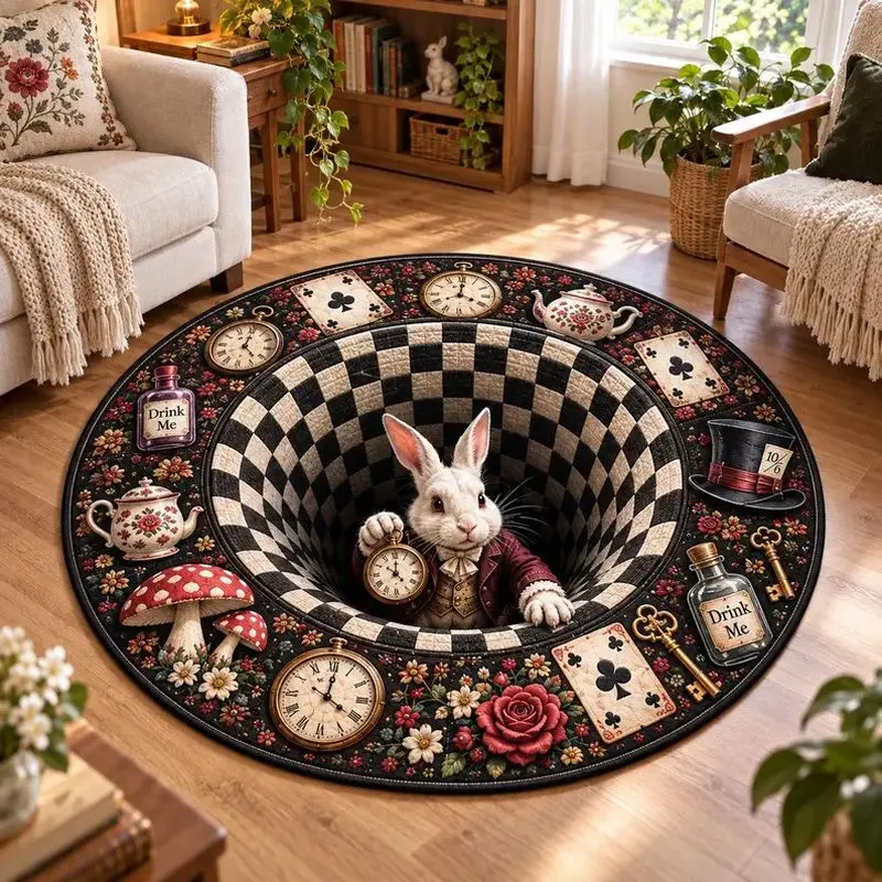 VIKAMA Round Rug White Bunny Rabbit Checkered Vortex Circular Carpet For Kids Room Non Slip Living Room Tea Party Home Decor