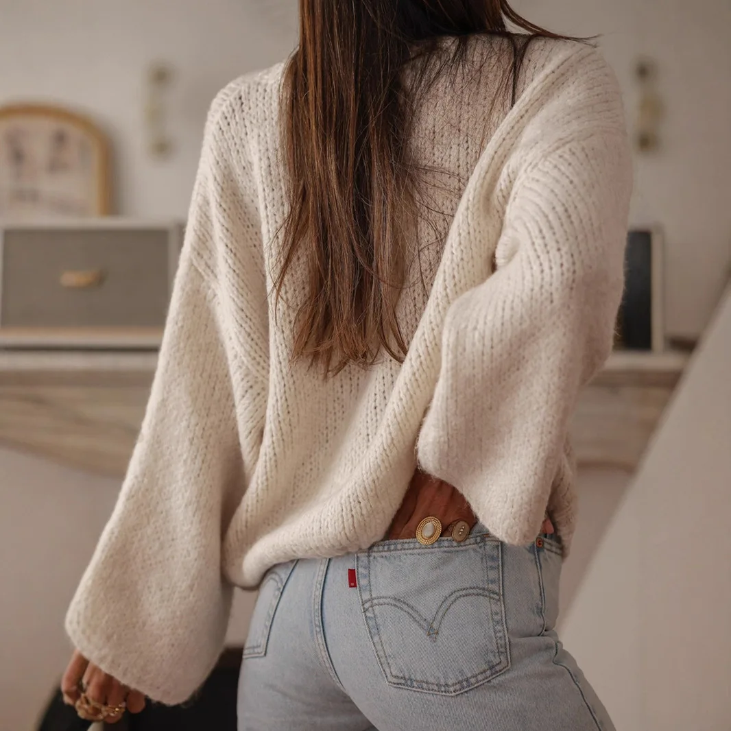 Elegant French Style Women's Cardigan Apricot V-Neck Single Breasted Female's Knit Sweater Autumn Slouchy-Style Sweater For Lady