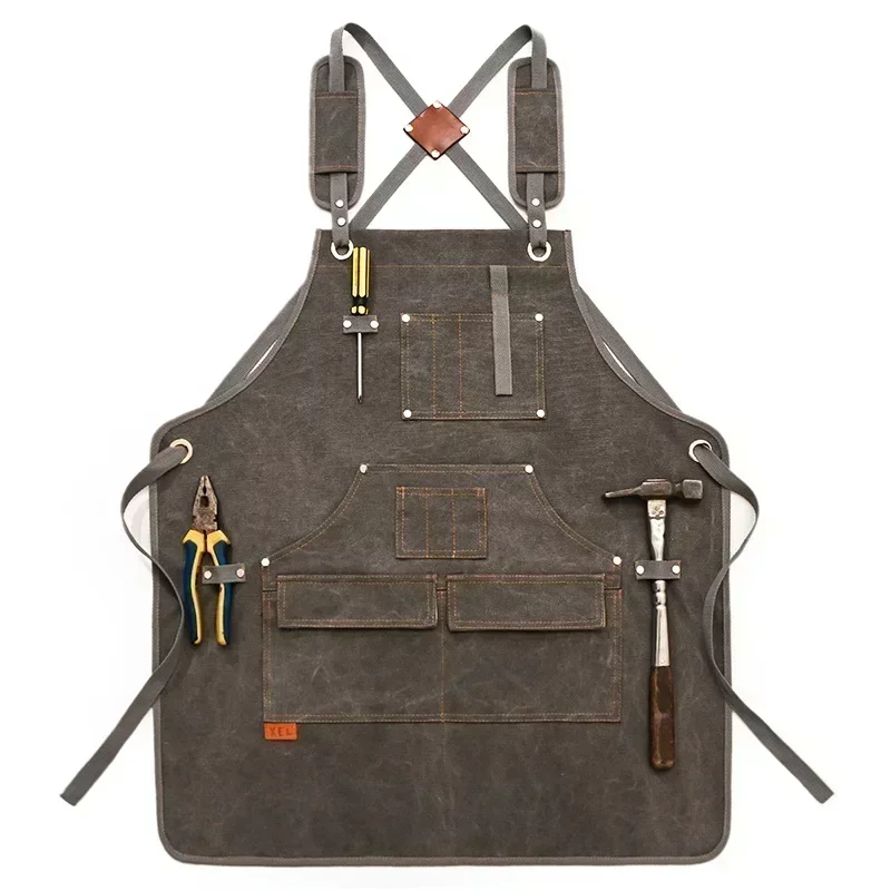 New Durable Goods Heavy Duty Unisex Canvas Work Apron with Tool Pockets Cross-Back Straps Adjustable for Woodworking Painting