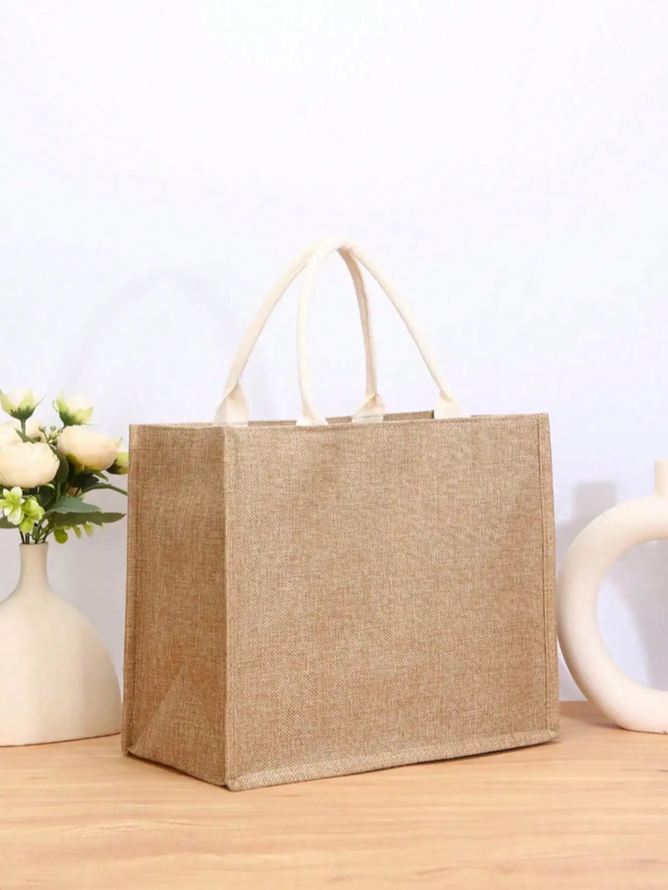 

Натуральная джутовая сумка-тоут с хлопковыми ручками, большая вместимость для повседневного использования или путешествий