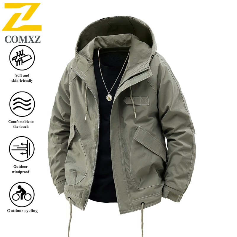 

2025 New Men's Jacket Solid Color Fashion Versatile Large Pocket Design Hooded Windbreaker Outdoor Casual Men's Zipper Jacket