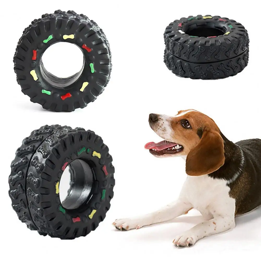 Tire‑Shaped Rubber Squeaky Dog Chew Toy Bone Pattern Bite‑proof Teeth Cleaning Toy Boredom‑Relief Interactive Play Toy For Small