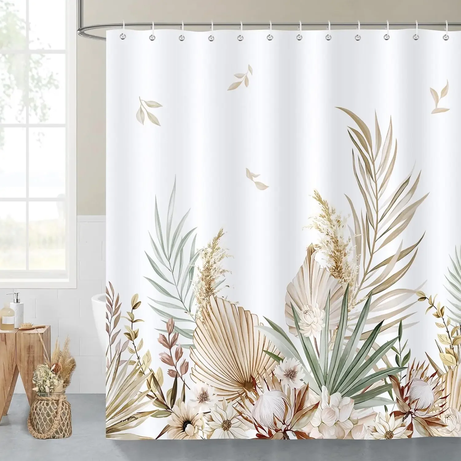 leaf shower curtain watercolor tan leaf flower waterproof polyester fabric shower curtain with 12 hooks 180X180CM