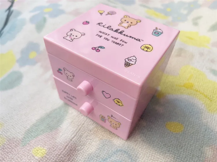 Cute Rilakkuma Desktop Storage Box Cartoon Anime Kawaii Small Drawer Makeup Box Pink Hair Accessories Ornaments Organizer Box