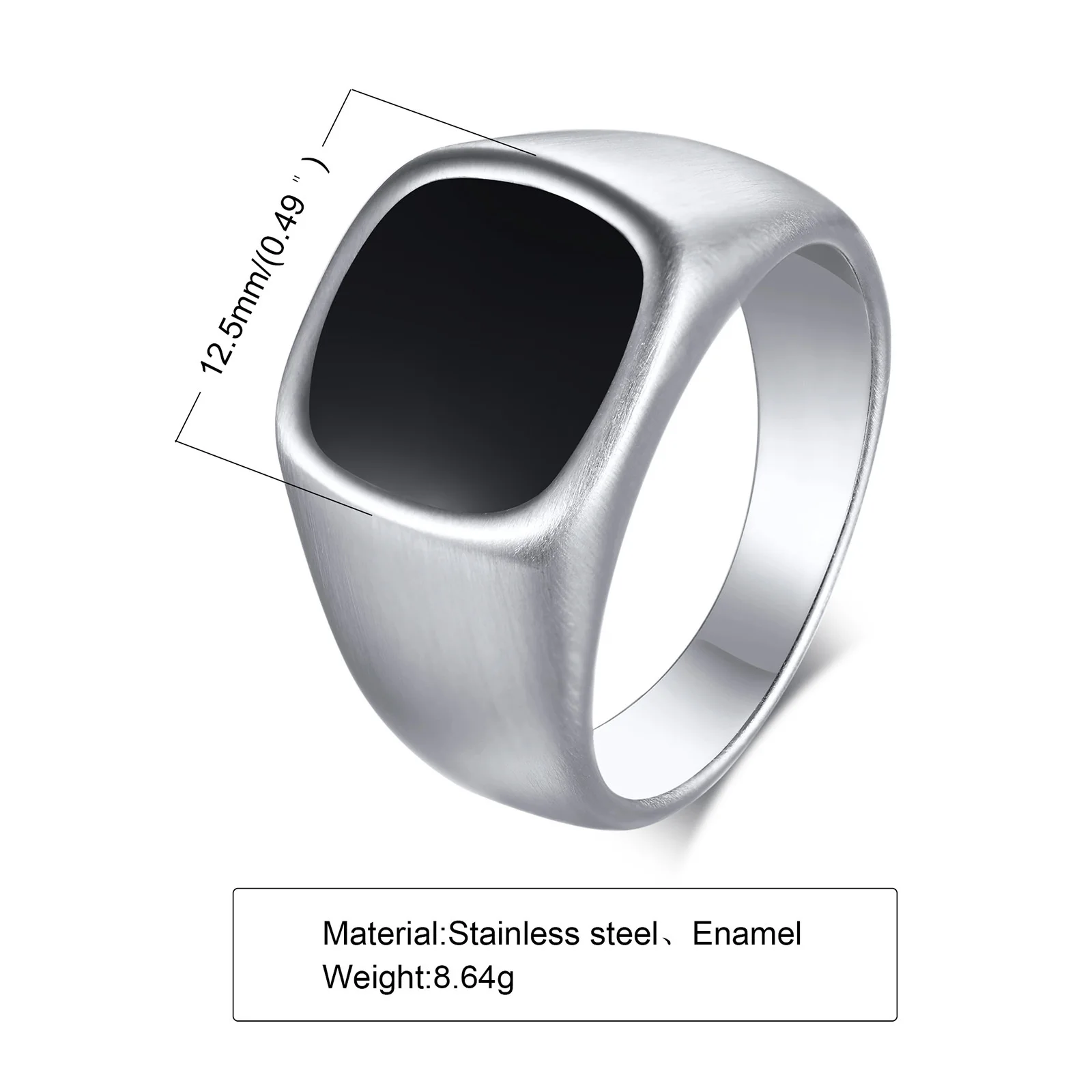 Vnox 12.5mm Signet Ring for Men, Black Square Top Stainless Steel Finger Band, Gothic Punk Rock Boy Stamp Rings