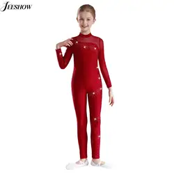 Kids Girls Figure Skating Dance Costume Gymnastics Ballet Dance Training Unitards Rhinestone Mesh Patchwork Leotard Jumpsuits