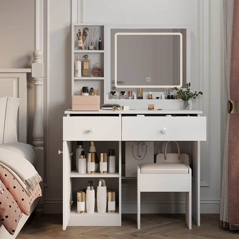 Fashion Vanity Desk with Mirror and Lights for Makeup, Vanity Mirror with Adjustable Lighting Brightness, 2 big Drawers, White