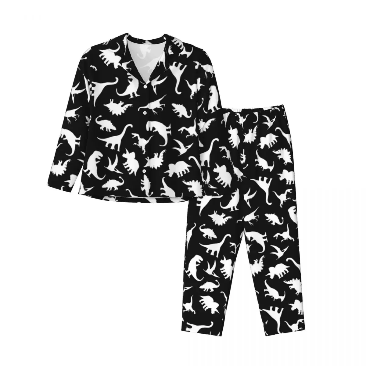 White Dinosaur Print Sleepwear Autumn Funny Animal Casual Oversized Pajama Set Womens Long Sleeves Cute Sleep Design Nightwear