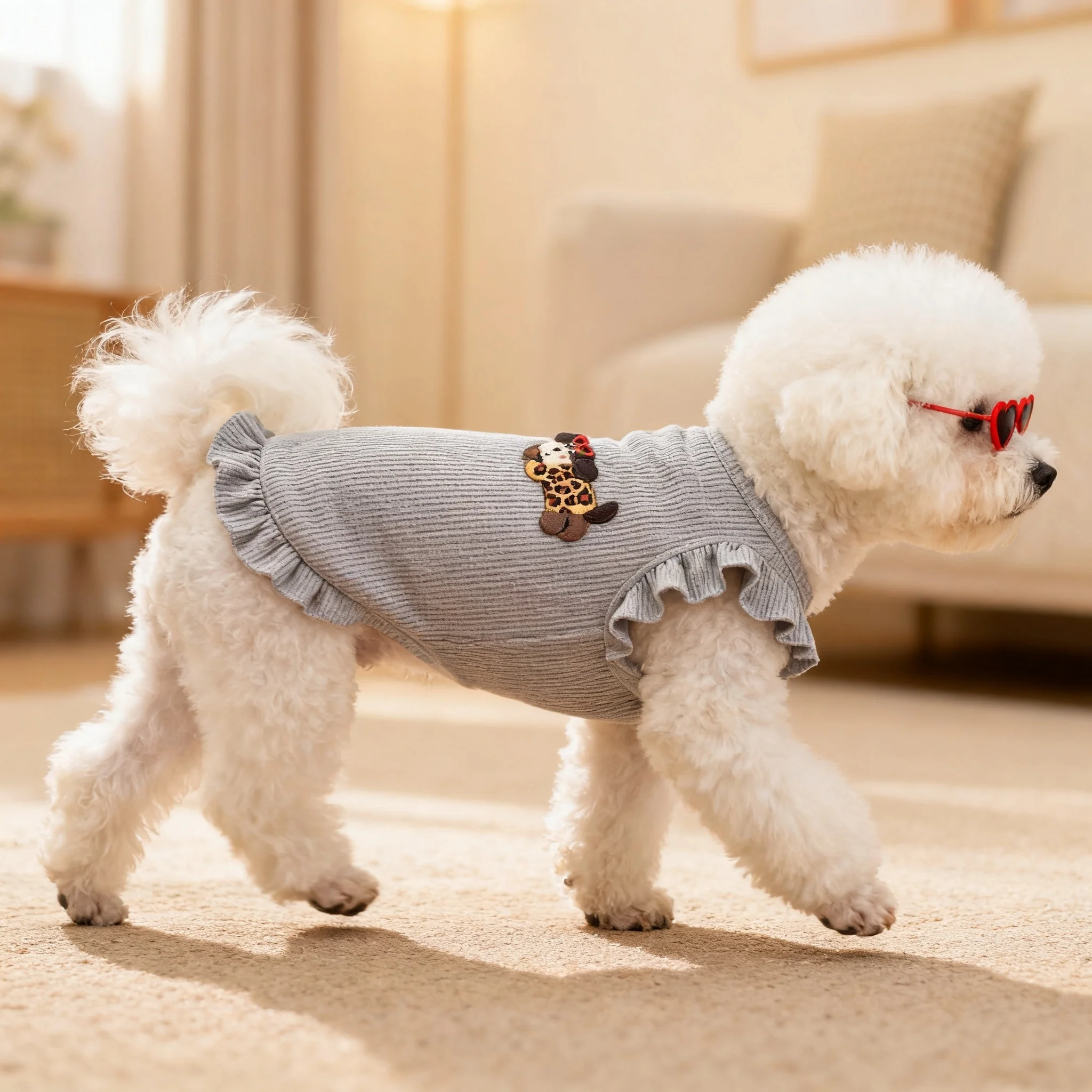 Geripptes Rüschen-Tanktop für kleine Hunde, Leopardenmuster-Welpen-Shirt mit Schleifenstickerei, ärmellos, weich und atmungsaktiv ﻿ – Detail 3