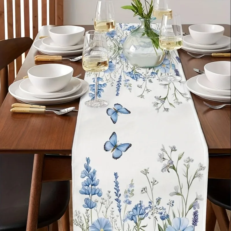 Blue Floral Butterfly Printed Linen Table Flag, French Country Style Home Decoration Table Flag, Kitchen Dining Table Decoration