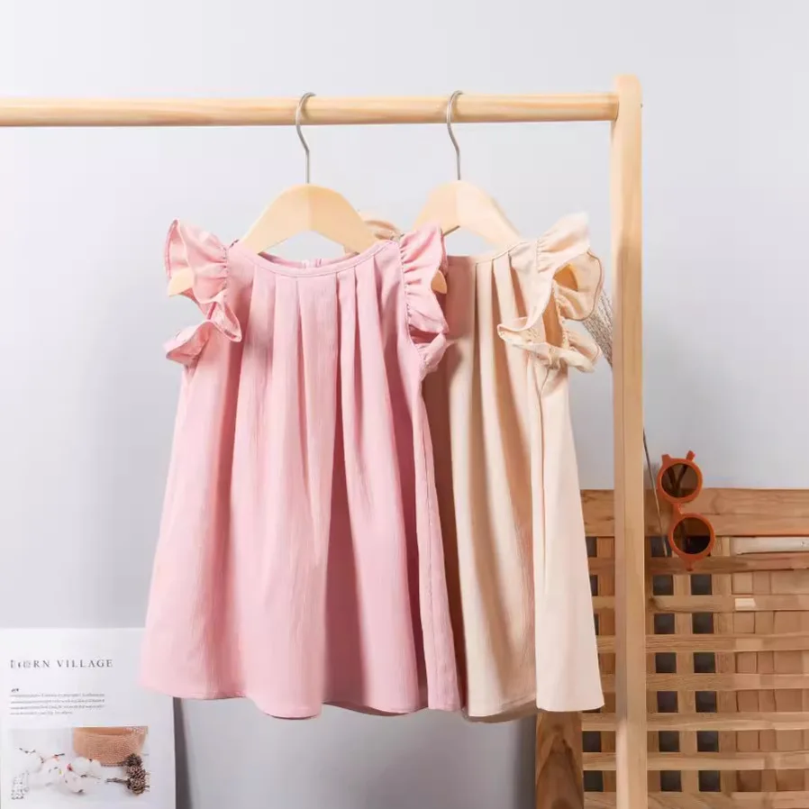 Summer New Fashion Baby Girl Cute Sweet Casual Dress Ruffle Edge Sleeves Solid Color Elegant Versatile Children's Clothing